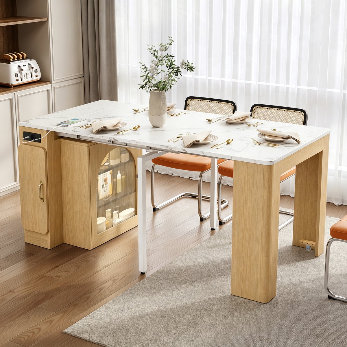 Clruro Eettafel - 83 × 39,6-149,6 × 77 cm - Uitschuifbaar met LED en USB - MDF/Glas - Naturel