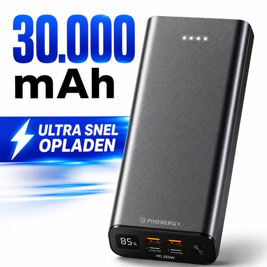 Grijze Phonergy powerbank van 30.000 mAh met 'Ultra Snel Opladen' tekst.