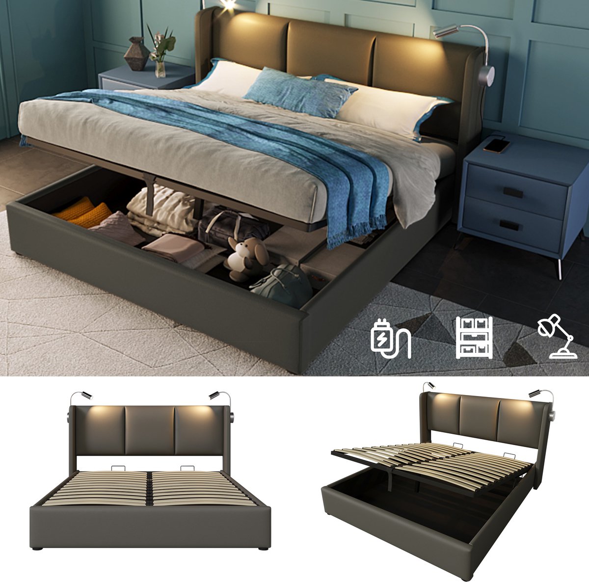 VVBV Tweepersoonsbed 180x200 cm - Hydraulische Opbergruimte, Leeslamp, USB-Aansluiting, LED-Verlichting - Grijs, Kunstleer