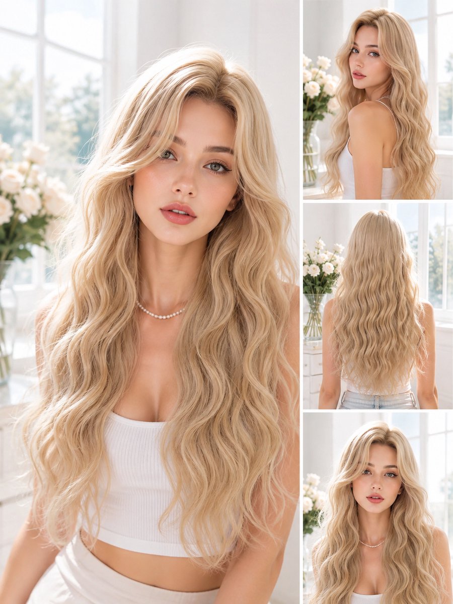 Pro Care Excellent Quality® Dames Pruik Blond – Lang Golvend Haar – Hittebestendig tot 150°C – Wasbaar - Lichtgewicht – Verstelbaar - 63 cm