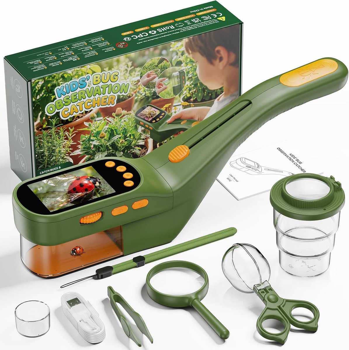 Bobypet - Digitale Insectenvanger met 2.4 Inch Kleurenscherm voor Kinderen - Zoom Digitaal Microscoop Buitenspeelgoed met LED Verlichting, Fotofunctie & Accessoires - Educatief Natuur Ontdekkingsset Cadeau Jongens & Meisjes 3-12 Jaar - Donkergroen