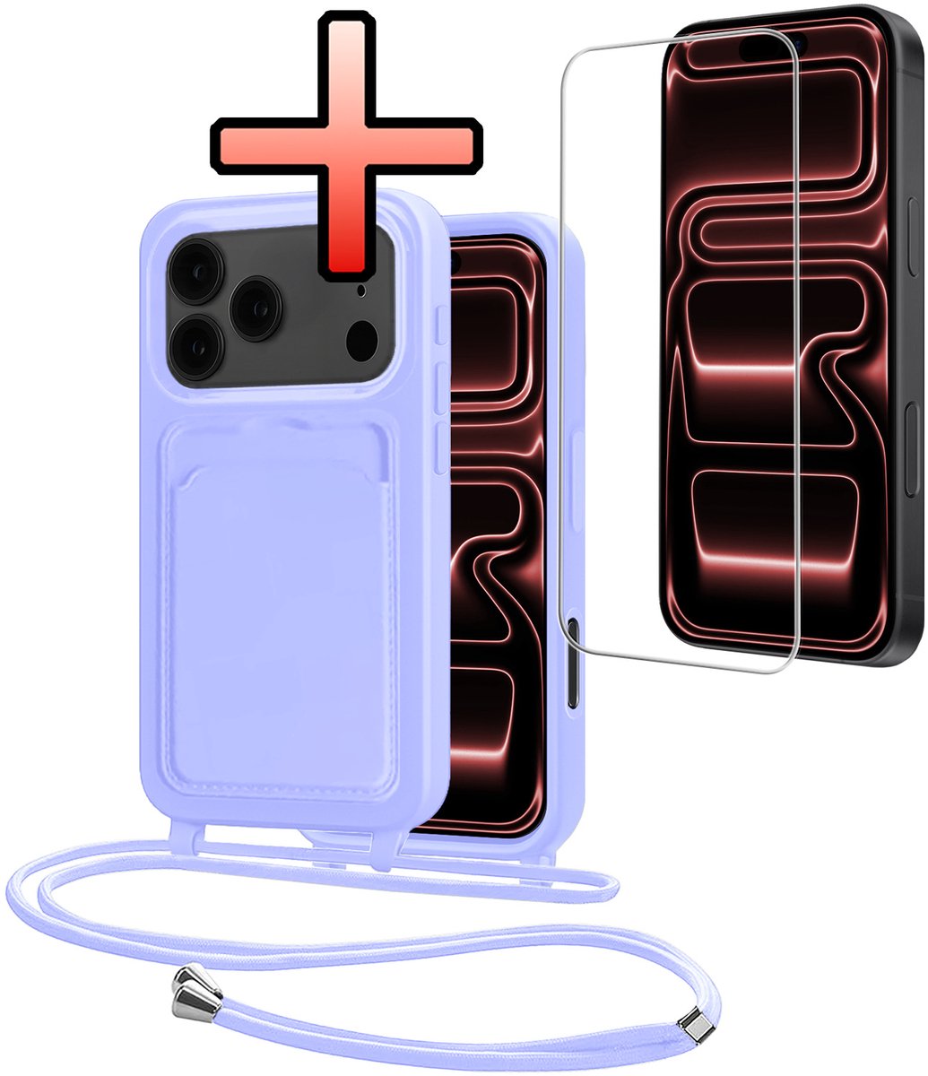 Hoes Geschikt voor iPhone 18 Pro Met Telefoonkoord Met Screenprotector - Siliconen Hoesje Backcover Met Ketting - Lila
