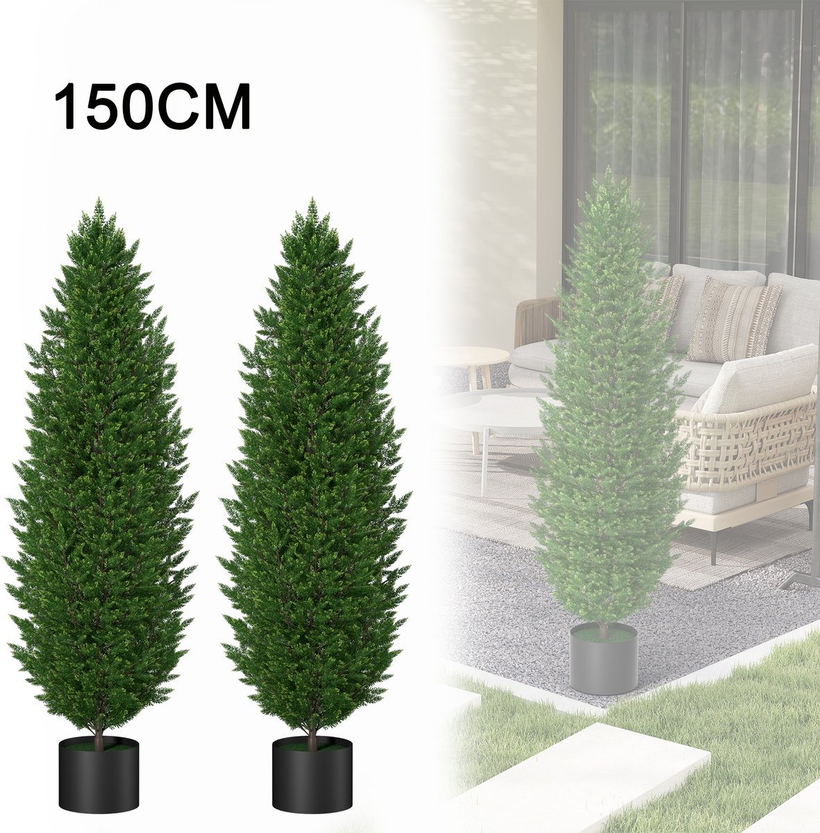 2x Kunstcipres 150 cm - UV-bestendige Kunstboom in Pot - Voor Tuin, Terras, Balkon & Entree