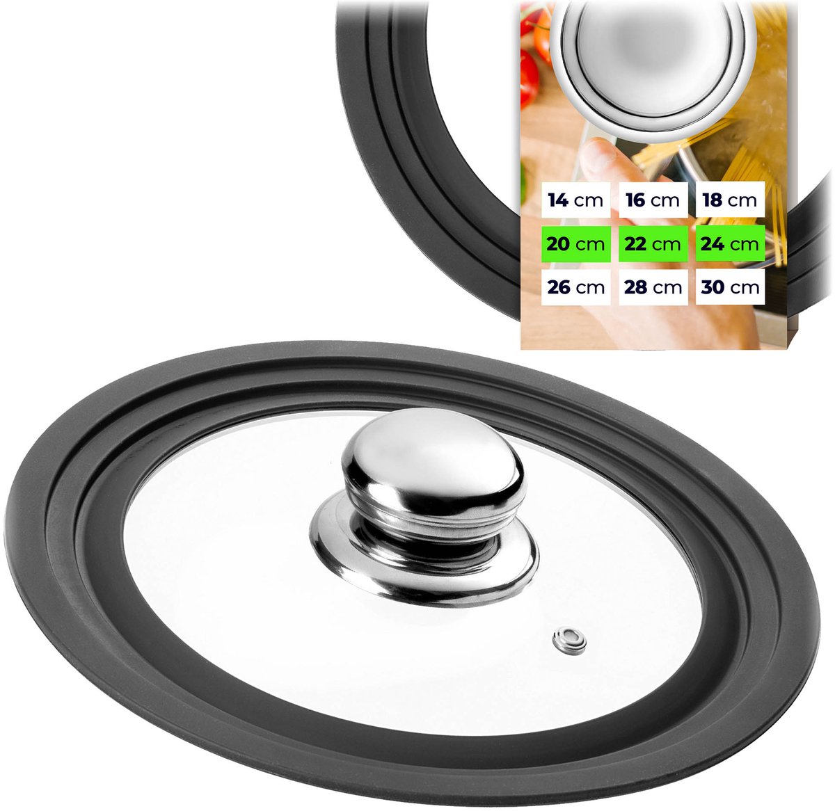 KADAX universele deksel 20/22/24 cm, universele deksel voor potten en pannen, pannendeksel, glazen deksel met siliconenrand en stoomopening, potdeksel (roestvrij staal)