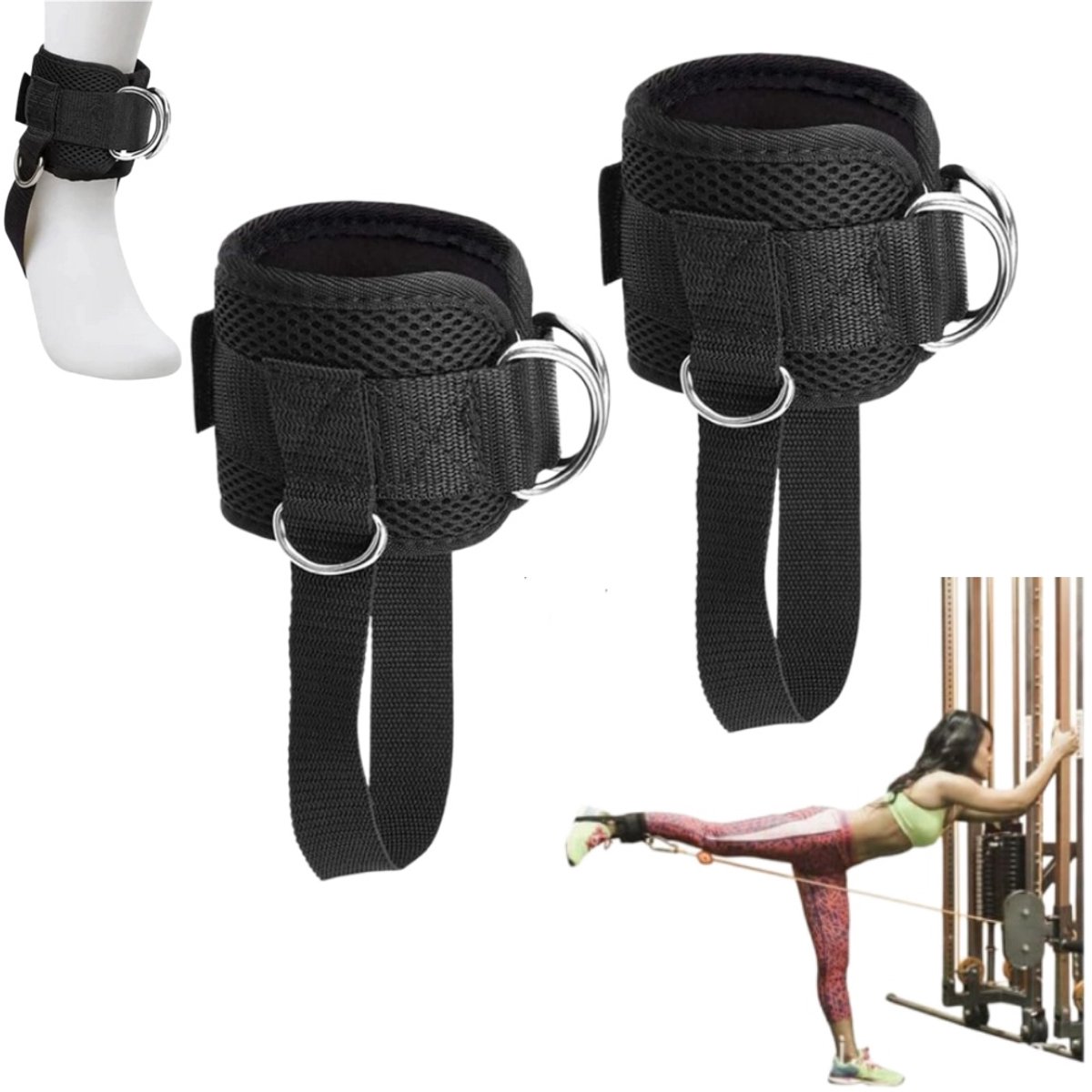 2-delige set - Enkelband - Enkelgesp - Enkelsteunband - Enkelgesp voor fitnessvoetpedaal - Verstelbare enkelband - Enkelsteunband voor fitness - Accessoires voor kabelapparatuur - Voor kabelapparatuur - Zwart - 8×32 cm