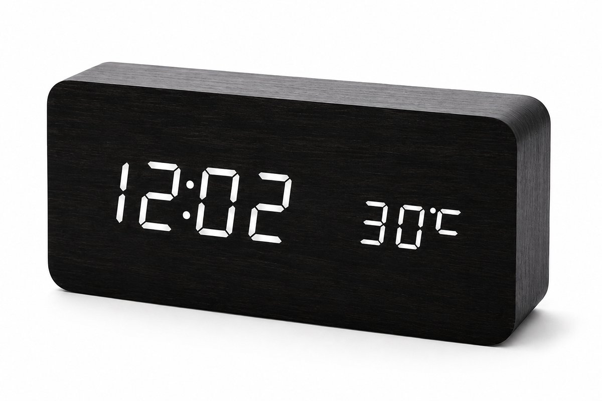 AXBO Digitale Houten Wekker – LED Display – 3 Alarmen – Sound Control – Temperatuurweergave – USB + Adapter Inclusief - Zwart