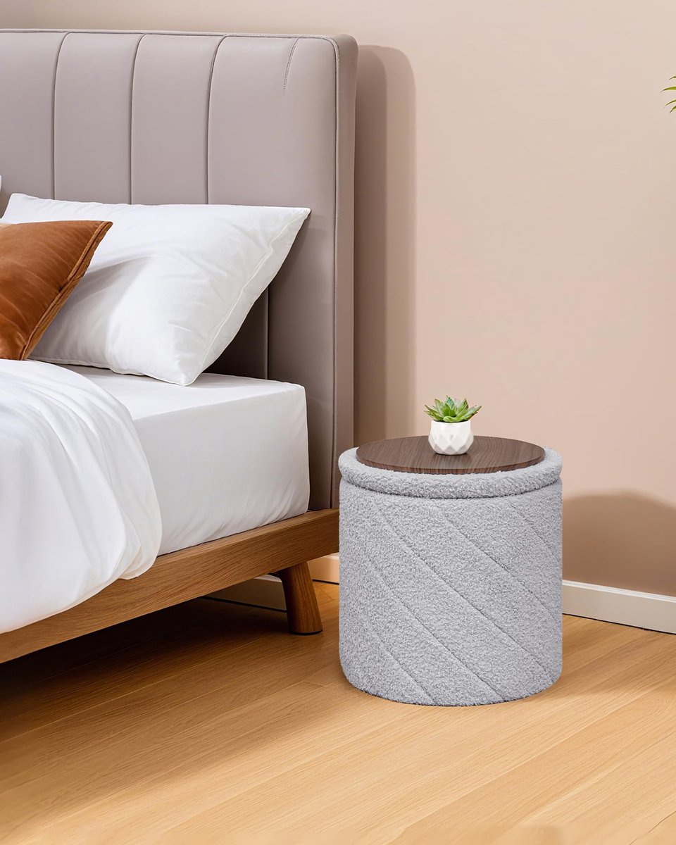 Ronde Opbergpoef met Deksel - Opvouwbare Voetenbank met Opbergruimte - Bouclé Zitkruk voor Woonkamer, Slaapkamer en Hal - Comfortabele Poef als Voetensteun en Extra Zitplaats - 33 x 33 x 35 cm - Grijs