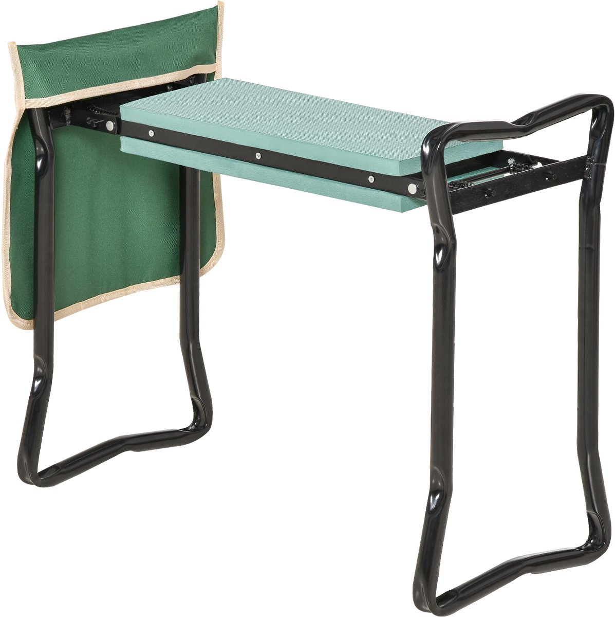Opklapbare tuinbank met kniekussen - gereedschapsvakken en bekleding. Draagvermogen tot 150 kg. Werkbank om op te knielen en te zitten. 58 x 28 x 49 cm. Groen.