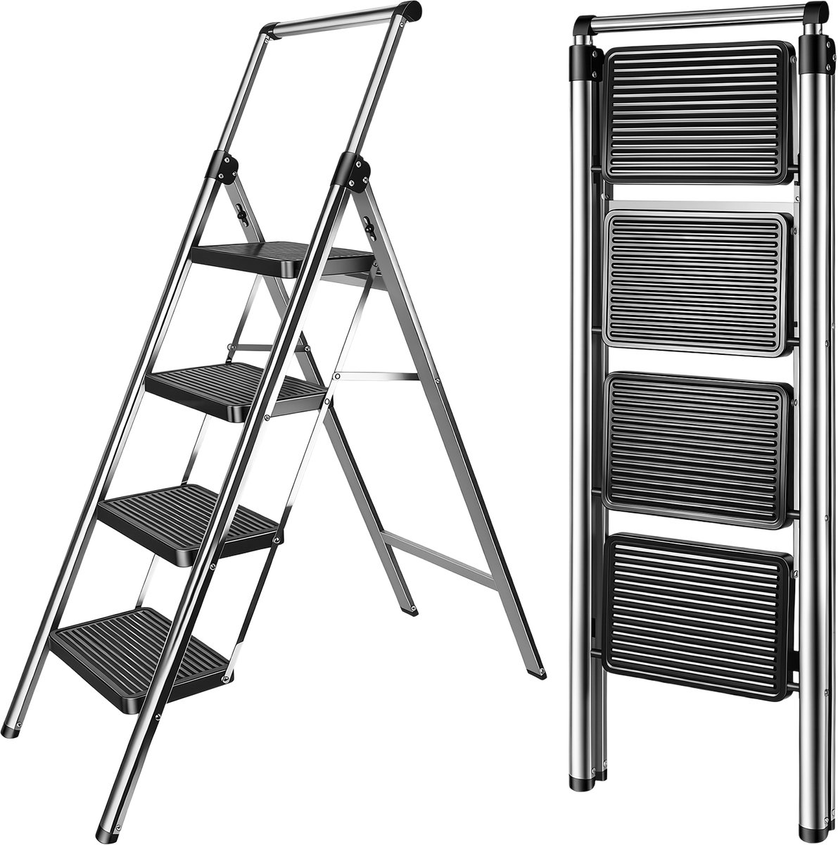 4 Tredenladder – Opvouwbare Trap Voor Klussen en Tuinieren – Antislipvoetjes, Gemakkelijk op Te Bergen, Draagbare Opvouwbare Ladders