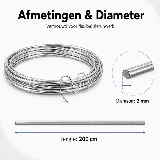 Zilverkleurig aluminiumdraad, 200 cm lang en 2 mm dik, met diameterindicatie.