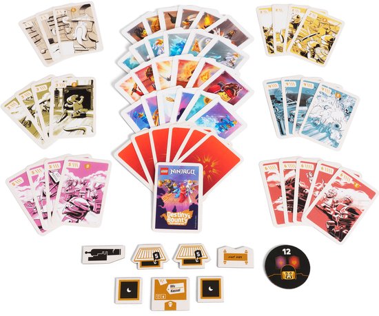 LEGO NINJAGO Destiny's Bounty kaartspel met rode en witte kaarten, dobbelsteen en tokens.