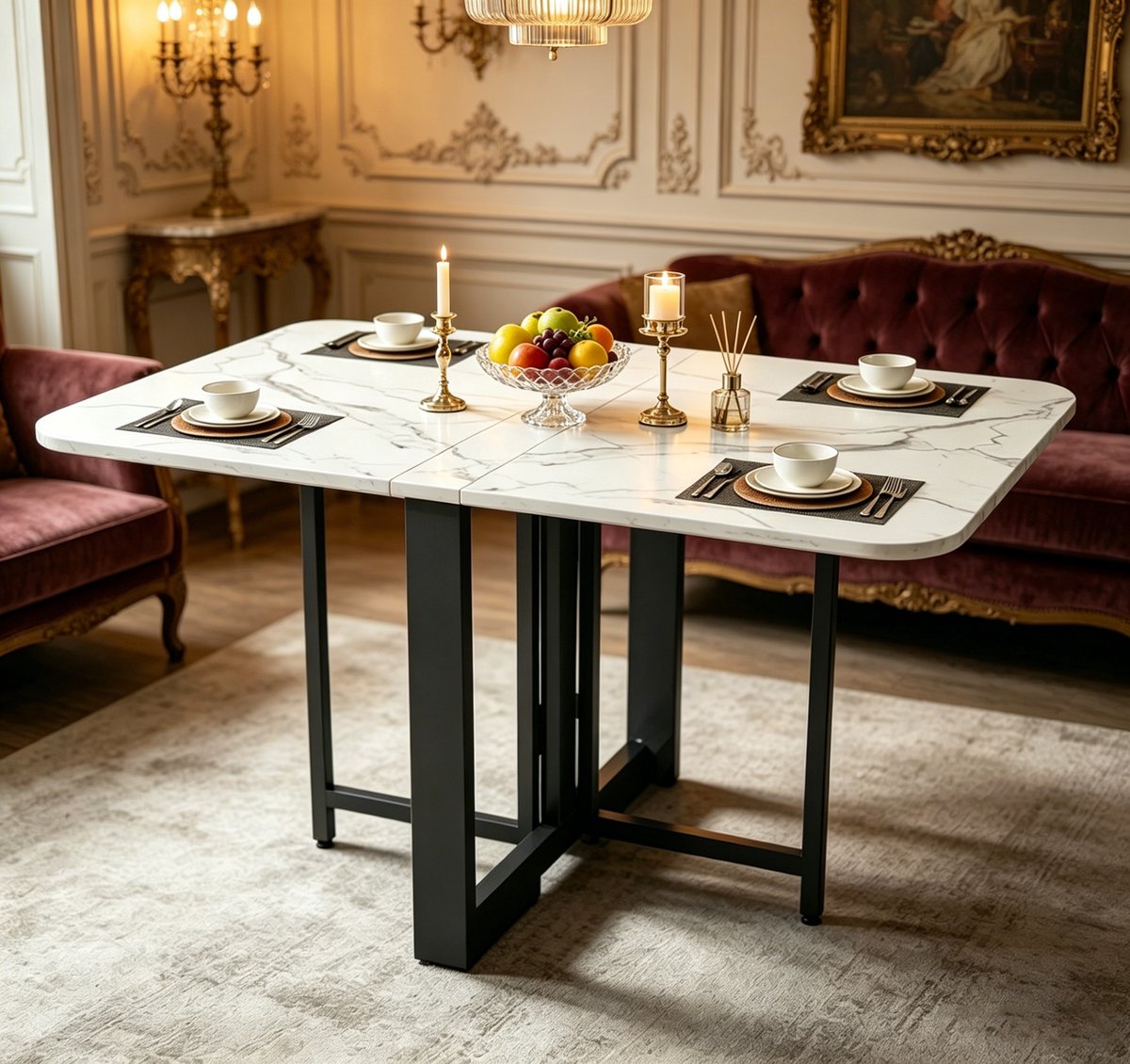 Moderne eettafel van 1,4 x 0,8 meter geschikt voor 6-10 personen lange keukentafel met zwarte inklapbare poten en een blad van wit imitatiemarmer geschikt voor keukens en eetkamers