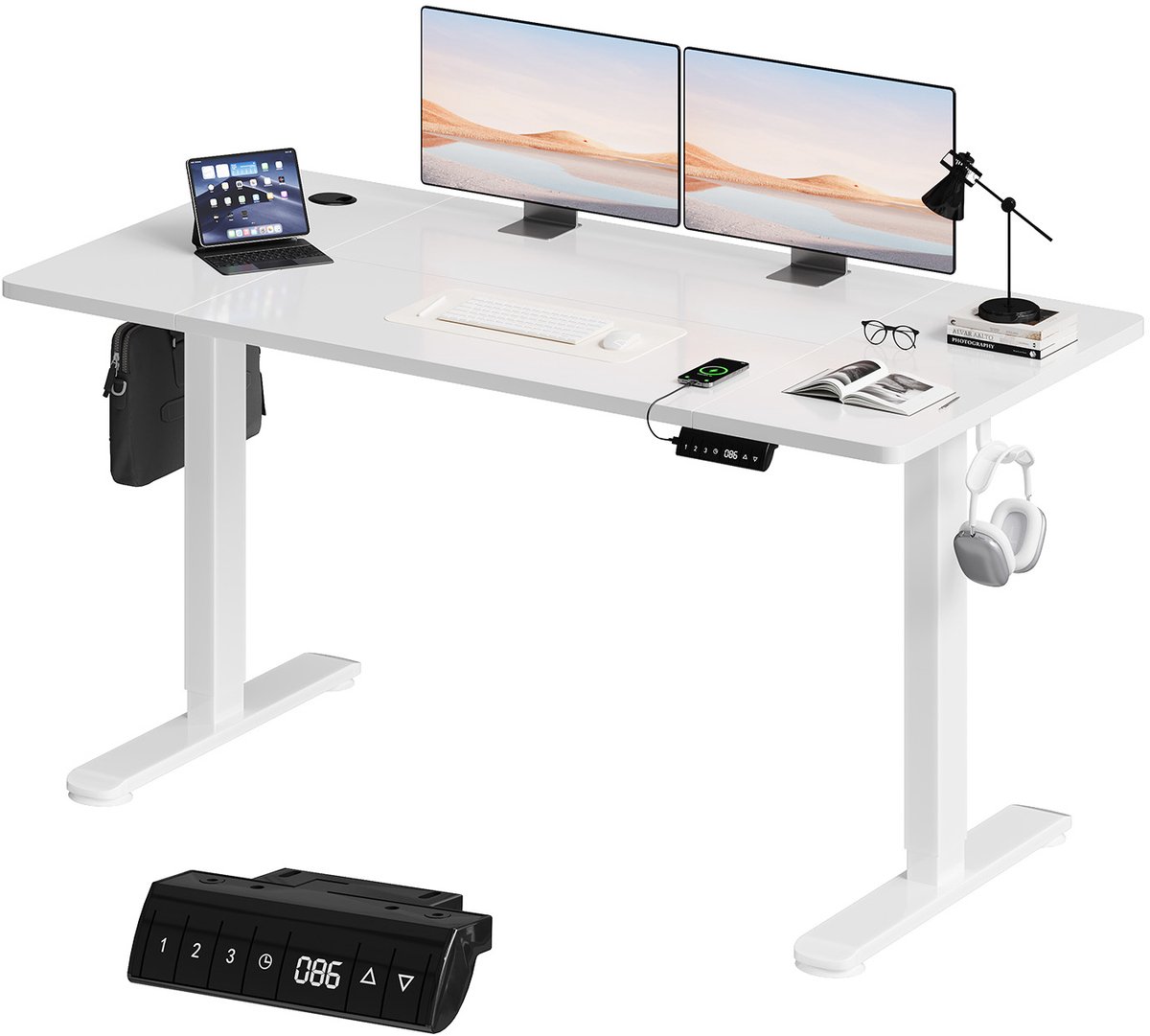 Devoko Elektrisch Zit-Sta Bureau 140x70 cm – 18 mm Dik Tafelblad – 3 Geheugenstanden – USB en Zit-alarm – Kabelmanagement – Wit frame met wit blad