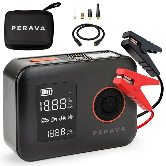 Perava Jumpstarter voor Auto - 12V Startbooster met Luchtcompressor & Bandenpomp - 4-in-1 Powerbank 12.000 mAh - LED Zaklamp met SOS Noodlicht - 1500A - Noodpakket - Incl. Opbergtas