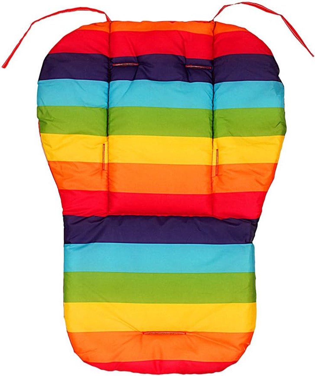 Regenboog gestreepte kinderwagen inlegkussen, meerdere gordelopeningen gewatteerd buggy zitmatje met bevestigingskoorden, zacht wasbaar universeel baby stoelkussen alle seizoenen