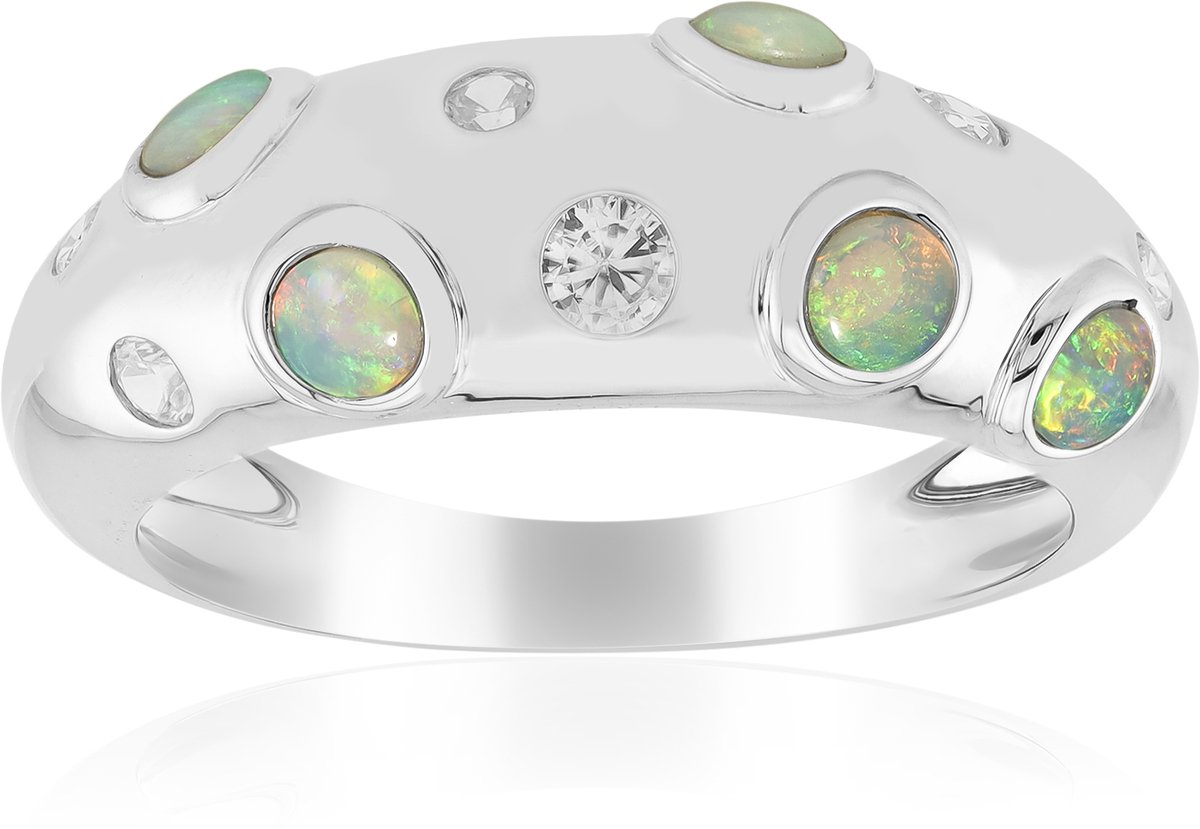 Cavill - Zilveren ring - 925 Sterling Zilver Geplatineerd - Australische Cabochon Opalen & Cambodjaanse Zirkonia - Elegante Damesring