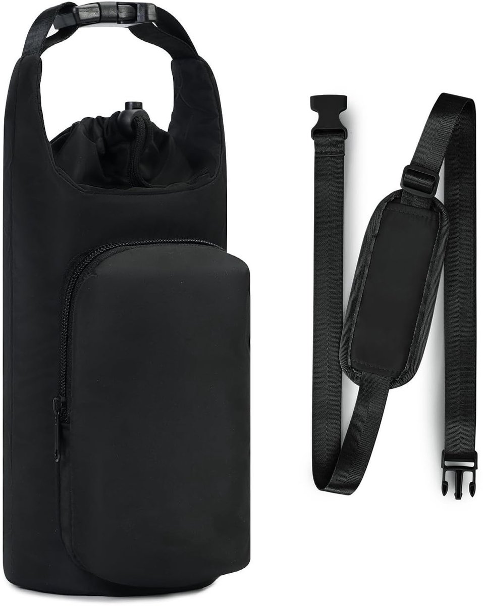 Geïsoleerde Waterfles Tas met Schouderriem - Drinkfles Houder met Telefoonvak - Draagbare Flessentas voor Wandelen, Reizen, Kantoor en Outdoor Gebruik - Zwart