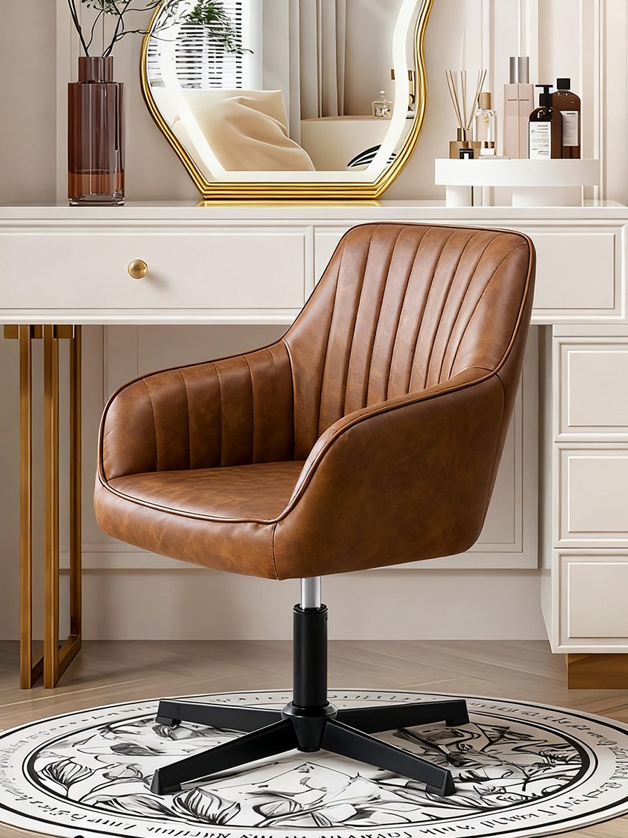 Draaibare Fauteuil met Armleuningen - 1 Stuk - In Hoogte Verstelbare Kuipstoel van Kunstleer met Stabiele Metalen Kruisvoet Zonder Wielen - Comfortabele Bureaustoel voor Kantoor, Kaptafel, Receptie, Woonkamer en Slaapkamer - Cognac Bruin