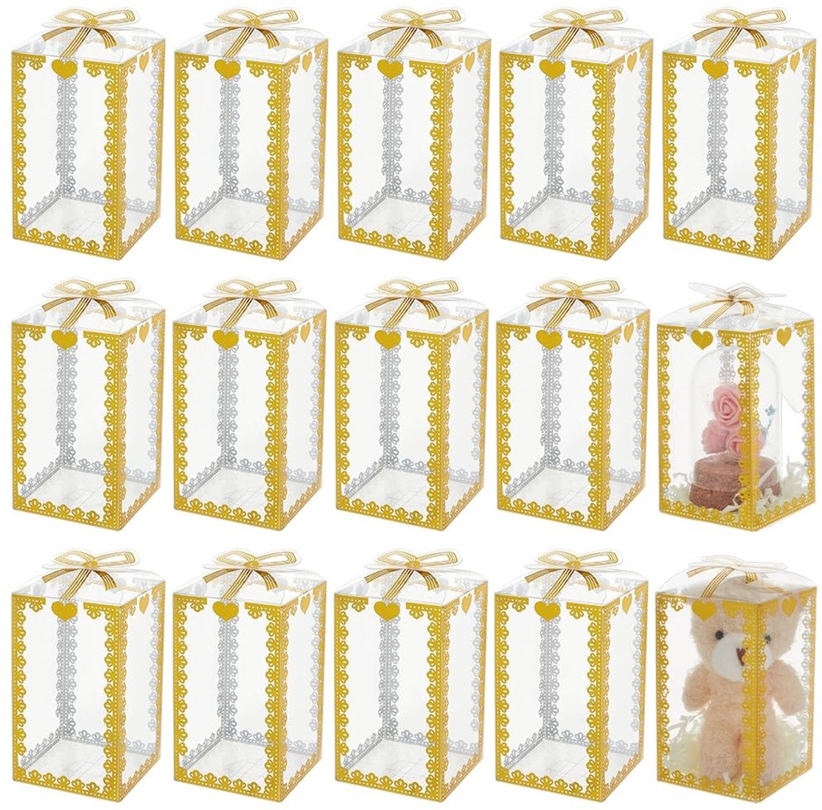 Solidchoice - 50 Stuks Doorzichtige PVC Cadeaudoosjes met Gouden Strikpatroon, 6x6x12 cm