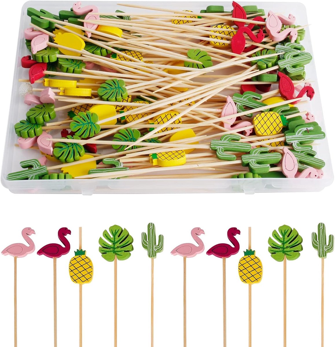 100 stuks bamboe cocktailsticks - fruitcocktailprikkers - fingerfood picks - hapjesstokjes - feestvoedsel tandenstokers met flamingo-cactus - decoratieve cocktailsticks