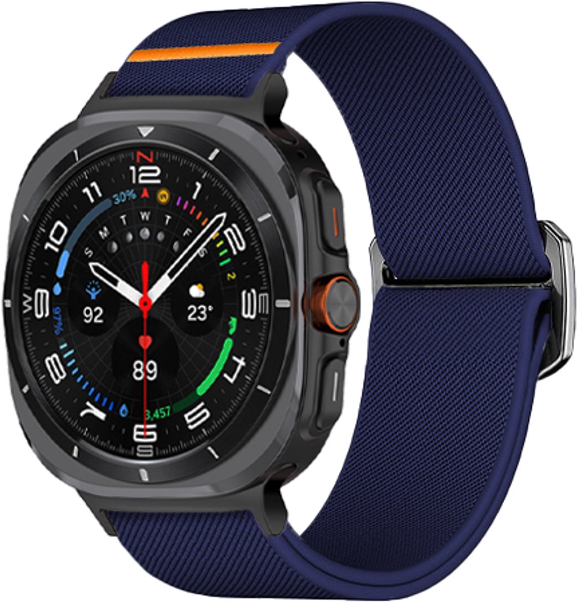 Stravo Elastisch Nylon Sport Bandje – Geschikt voor Samsung Galaxy Watch Ultra 2 47mm (2026) / Ultra 47mm (2024/2025) – Verstelbaar Sport Horlogebandje met Schuifsluiting – Donkerblauw