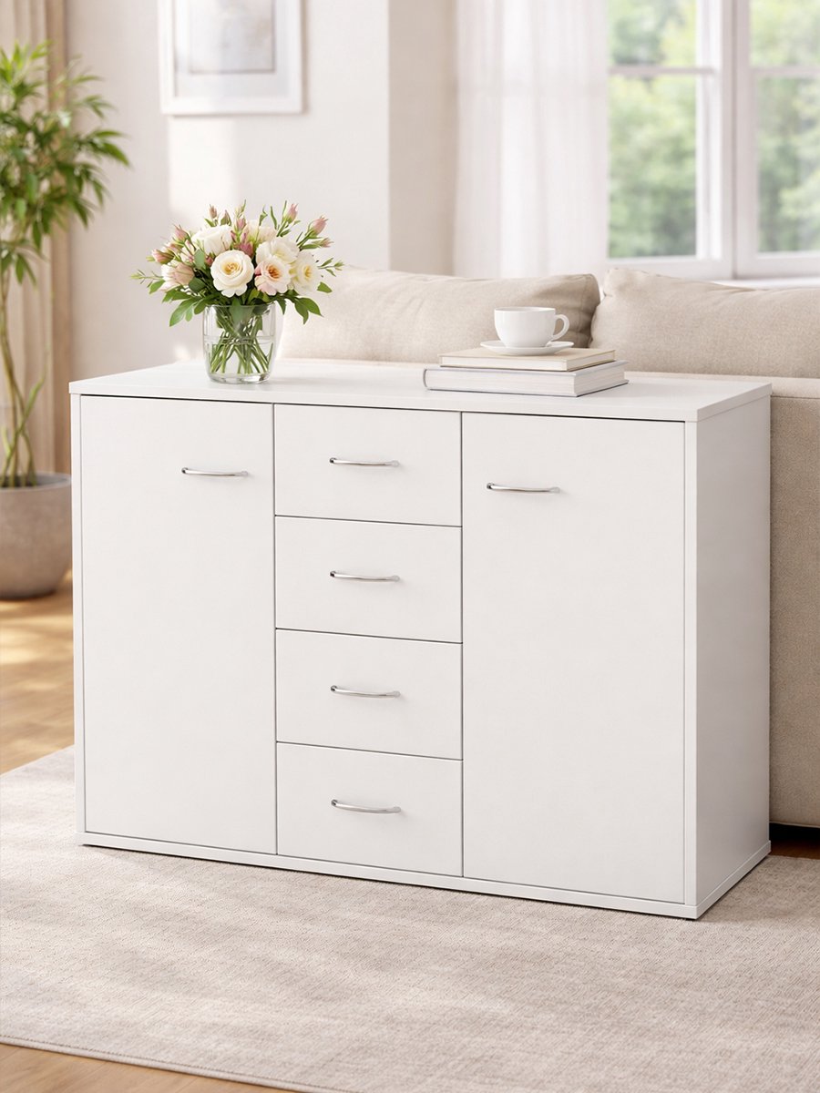 Opbergkast Wit met 2 Deuren en 4 Laden - Lage Dressoirkast met Veel Gesloten Opbergruimte en Breed Bovenblad - Compacte Ladekast van 88 x 30 x 63,5 cm - Voor Woonkamer, Slaapkamer, Hal, Werkkamer en Appartement - Moderne Witte Kast