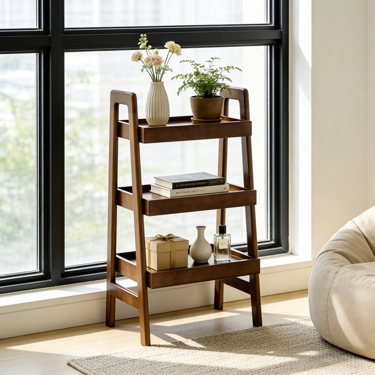 Pugsdrly Ladderrek van 100% massief hout, klein ladderrek met 3 treden, vrijstaand ladderrek met open opbergruimte, bijzettafel voor de woonkamer, slaapkamer, werkkamer, thuiskantoor, walnoot