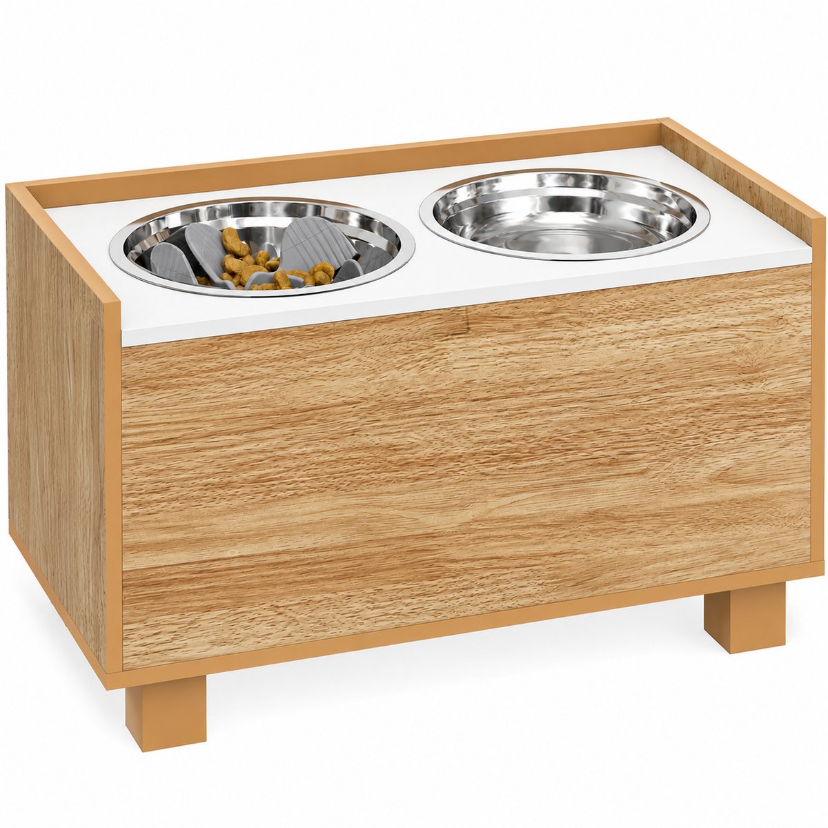 DPLUNIQ Hondenvoerbak - Slow Feeder Hond - Voerbak - Honden - Verhoogd - Verborgen Opbergvak - RVS Kommen - 60x30x35,5cm - Hout