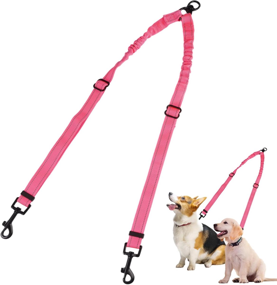 Dubbele Hondenriem voor 2 Kleine Honden - 360° Klitvrij - Dubbele Hondenriem voor Twee Honden - Verstelbare Dubbele Hondenriem met Elastische Schokdemping voor Buitenlucht