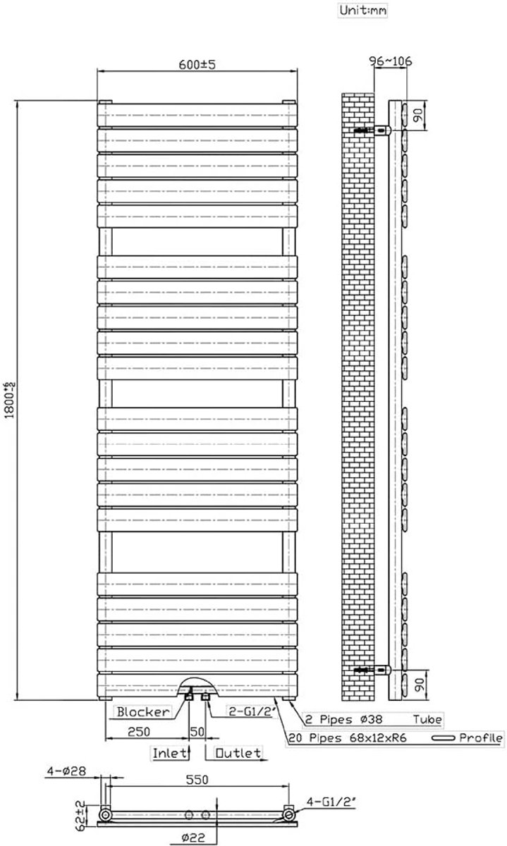TOWEL RADIATOR MIDDLE CONNECTION WHITE 1800X600 - ShopVlot