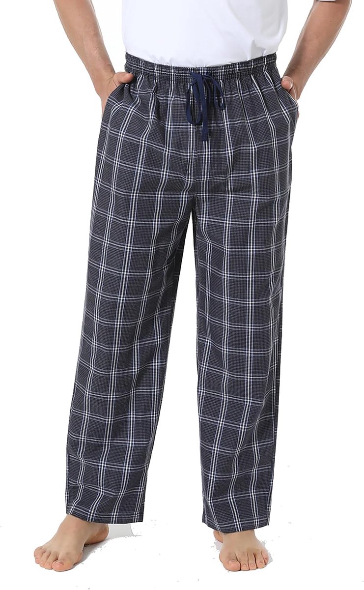 Men's 100% Cotton Pajama Bottoms, Woven Checkered Night Trousers, Lounge Pajama Pants with Pockets - ShopVlot