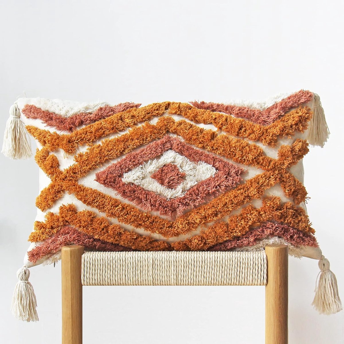 JOJUSIS Boho Throw Pillow Covers Handmade Tassels Decorative Woven Tufted Orange Pillowcase for Sofa Bedroom 12 x 20 - ShopVlot