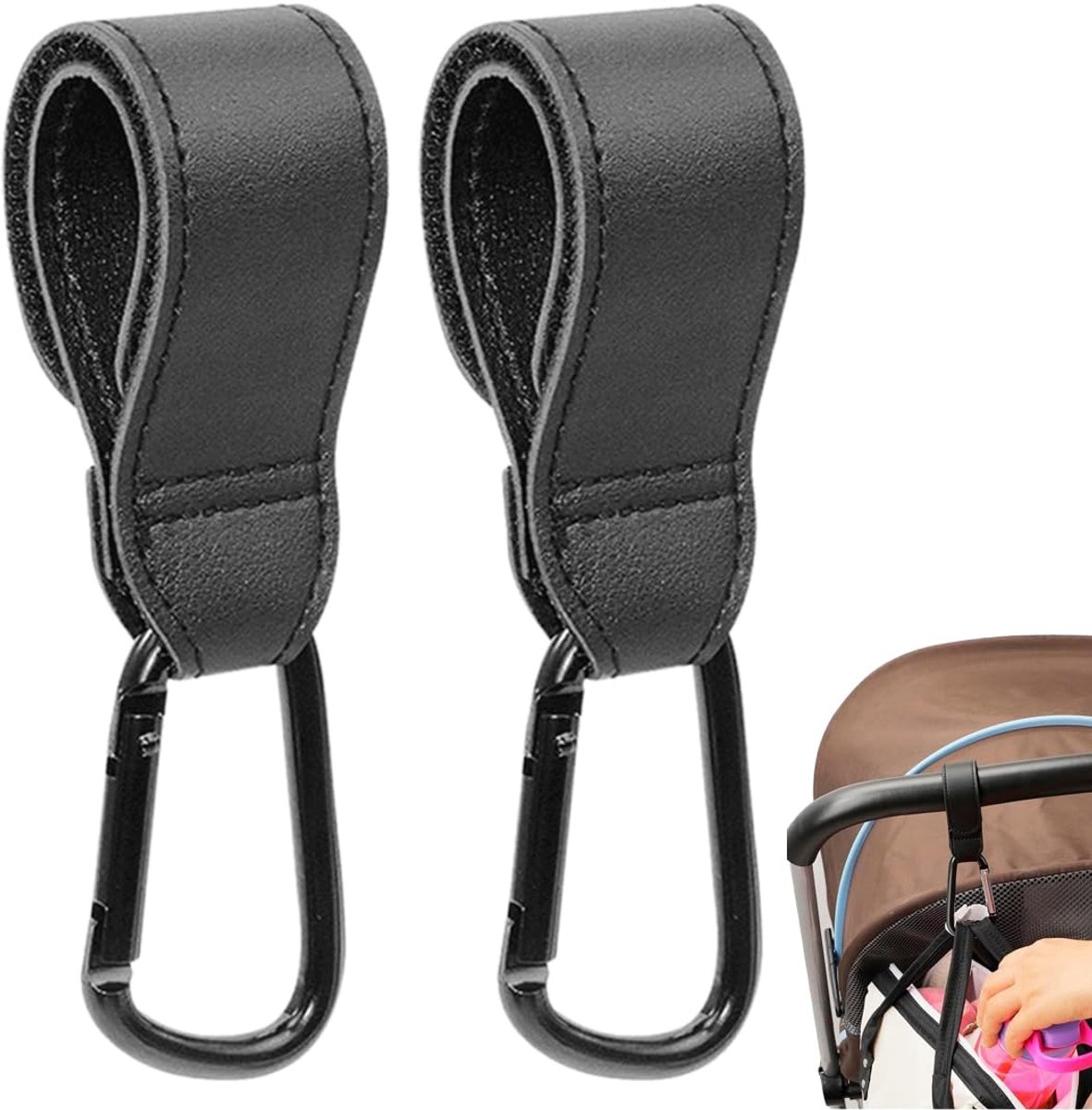 YAPKOLV 2 haken van zwart leer, kinderwagenhaken voor luiers, universele kinderwagenaccessoires, boodschappentassen - ShopVlot