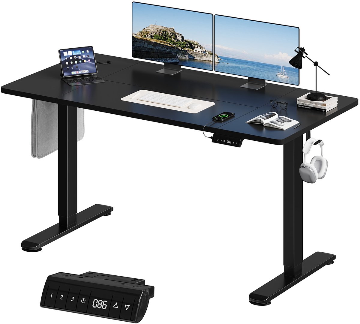 Devoko Elektrisch Zit-Sta Bureau 140x70 cm – 18 mm Dik Tafelblad – 3 Geheugenstanden – USB en Zit-alarm – Kabelmanagement – Zwart frame met zwart blad