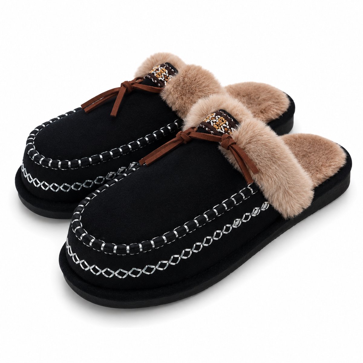 PPantoffels Dames – Sloffen – Warme Huisschoenen met Fluffy Voering – Suède Look – Antislip Zool – Maat 40- Zwart