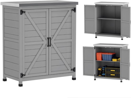 Tuinkast, buitenkast met werkblad, gereedschapskast, massief hout, staal, 79B x 43T x 92H cm, grijs