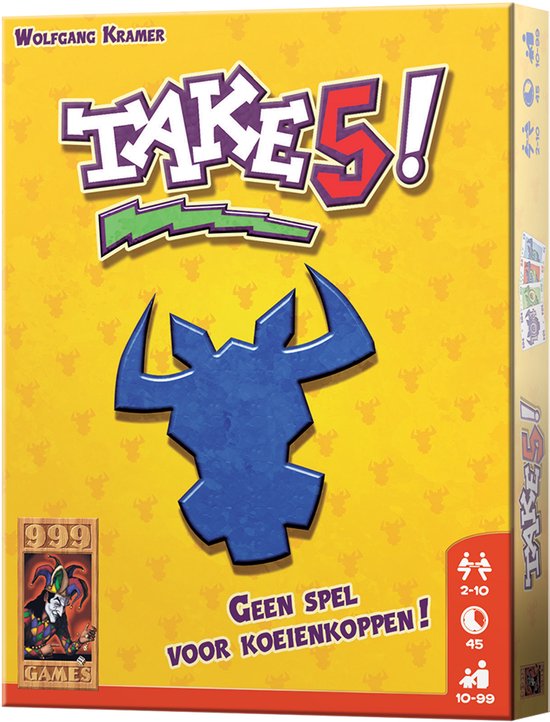 Doos van het bordspel Take 5! met gele achtergrond, blauwe stier en tekst 'Geen spel voor koeienkoppen!'.