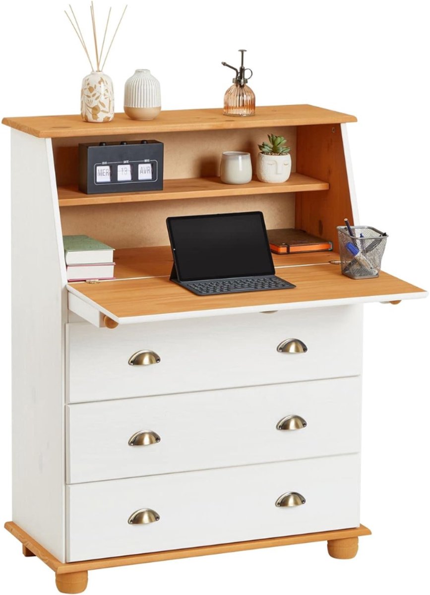ZRNS® Secretair Bureau - Bureaukast - 2 Vakken 3 Laden - Wit en Bruin