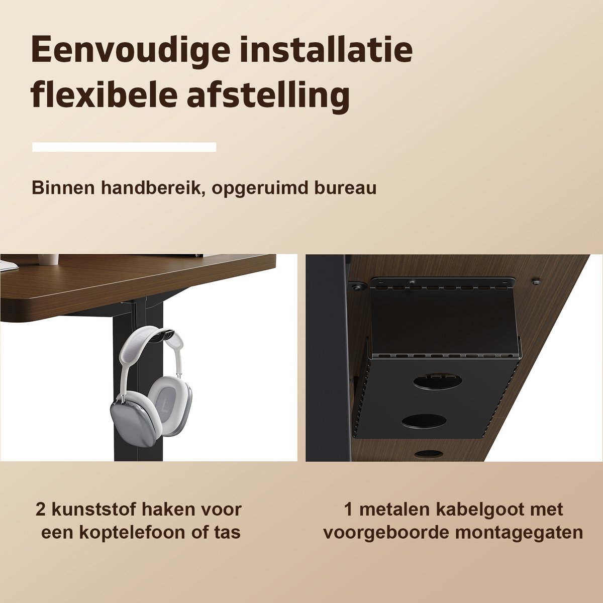 Devoko Elektrisch Zit-Sta Bureau 160x80 cm – 18 mm Dik Tafelblad – 3 Geheugenstanden – USB en Zit-alarm – Kabelmanagement – Zwart frame met walnootkleurig blad thumbnail 6