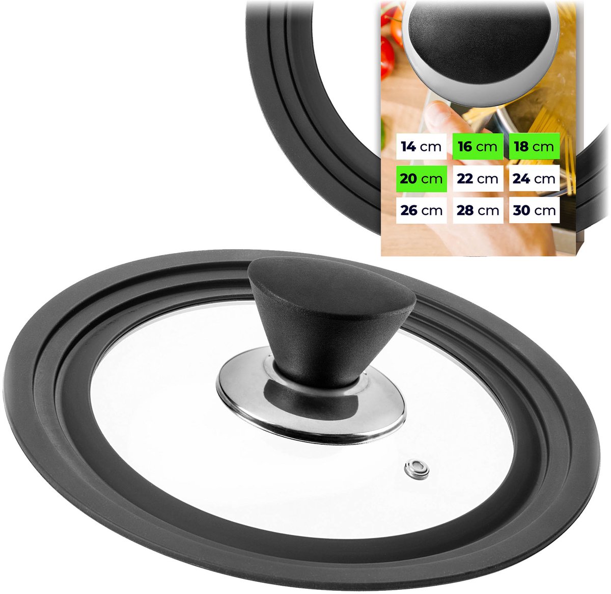 KADAX universele deksel 16/18/20 cm, universele deksel voor potten en pannen, pannendeksel, glazen deksel met siliconenrand en stoomopening, potdeksel (zilver/zwart)