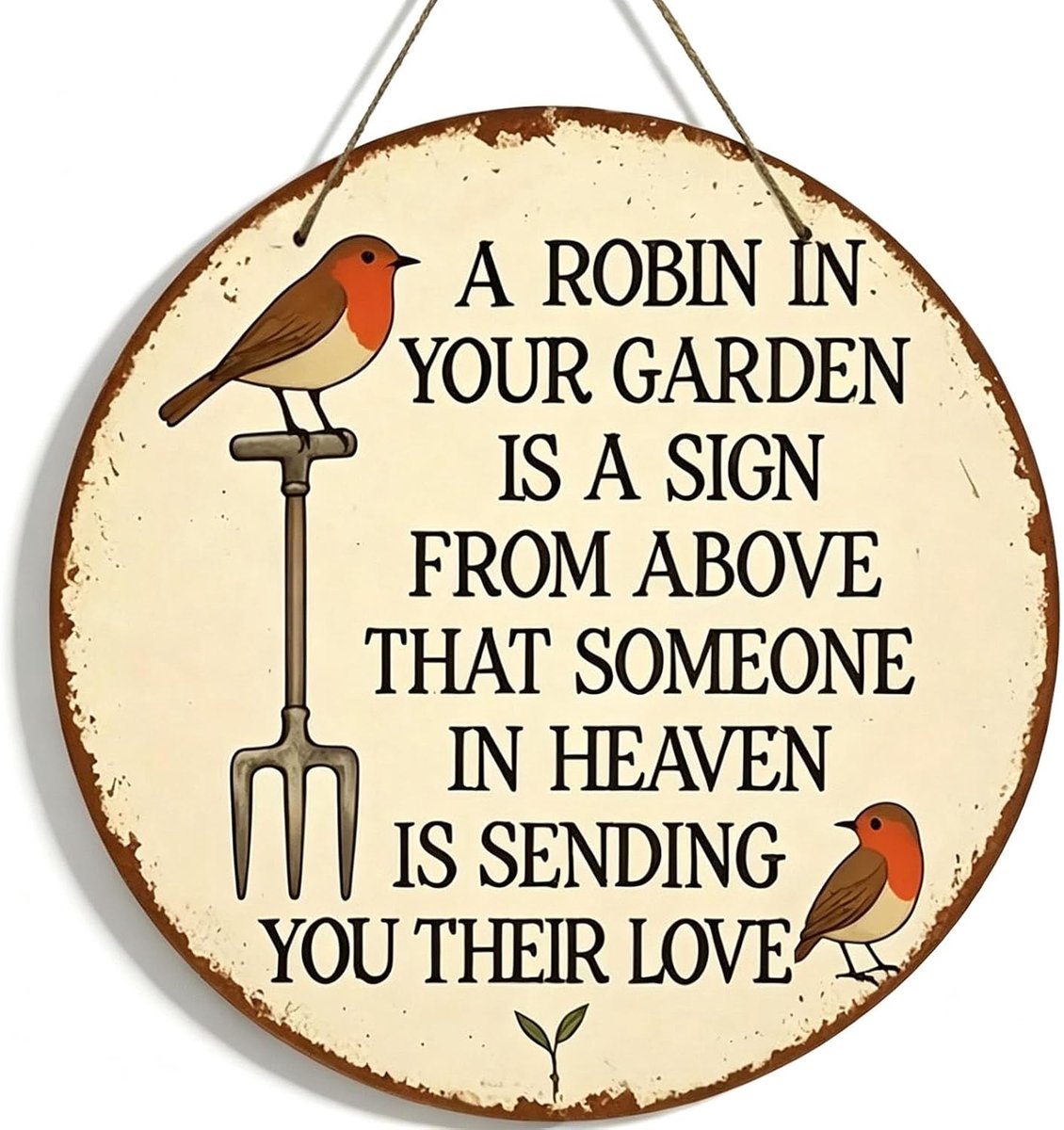 KZQ Rond Vintage Rustiek Blikken Tuin En Wandbord Met Roodborstje Landelijk Boerderij Decor Herinneringsplaquette Diameter 20 cm