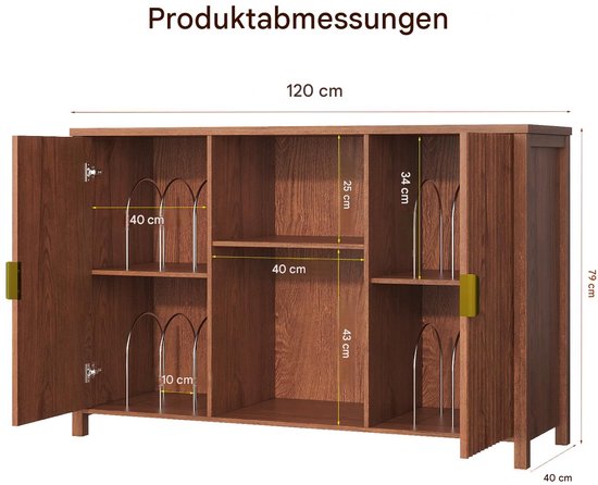 BROTTAR 47,2" platenspelermeubel bruin met geribbelde deuren, vinylplatenkast voor 7"/10"/12" LP's, 16 opbergvakken, stofvrije opberging, mid-century design voor woonkamer en muziekhoek — afbeelding 5
