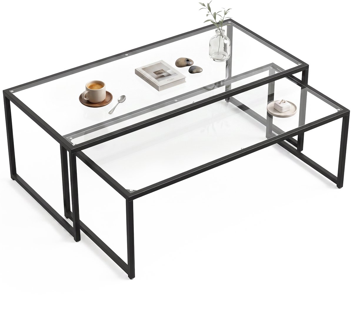 Salontafelset 2-delig Bijzettafel-Koffietafel-Set van tafels- Glazen tafel-Slaapkamertafel- Zwart