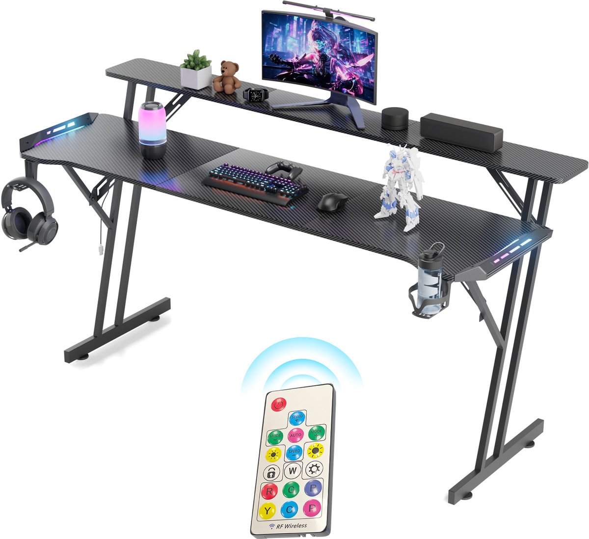 Arvioo - L08 gaming bureau 160x60cm - 1x RGB LED - Z-vormig staalframe - carbon blad