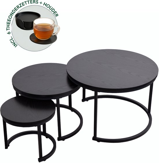 Set van 3 zwarte, ronde salontafels met houten blad en metalen frame. Inclusief 6 theezetters met houder.