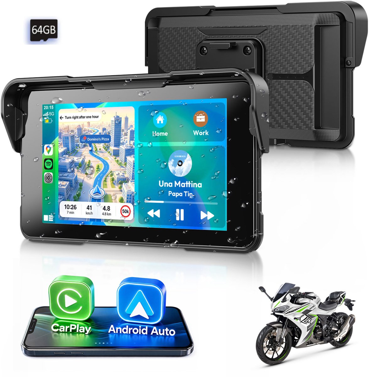 ESSGOO Motor CarPlay - Apple en Android - Navigatie - GPS-systemen - 5-inch scherm - IP67 - BT- Met zonnescherm