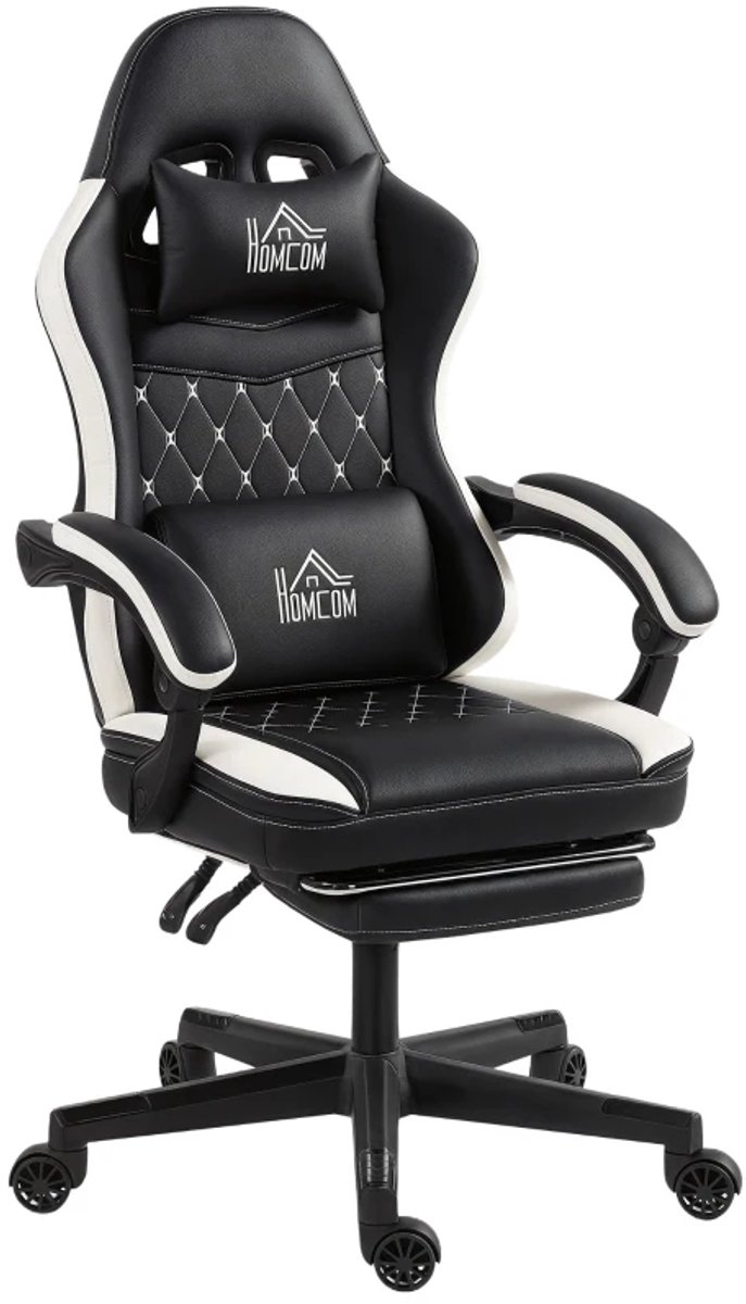 Ergonomische Gamingstoel met Lendensteun, Voetensteun & Hoofdsteun - 130° Verstelbare Rugleuning - 360° Draaibaar - In Hoogte Verstelbaar - Relaxfauteuil - Bureaustoel - Computerstoel - Zwart + Wit