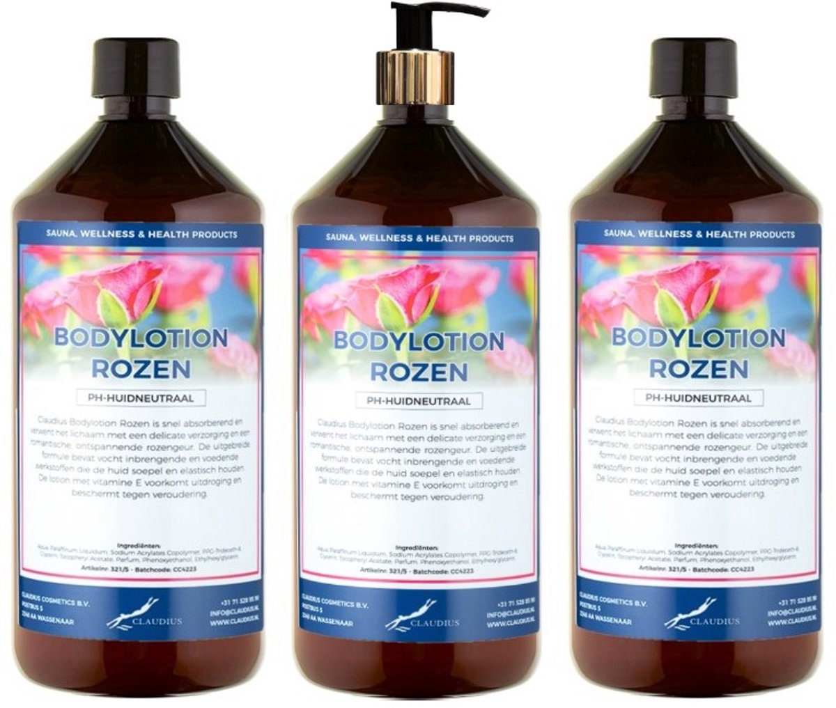 Bodylotion Rozen 1 Liter - met gouden pomp - set van 3 stuks