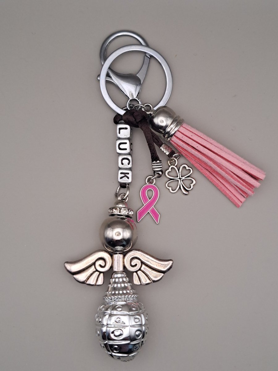 Sleutelhanger Geluksengel met roze lintje - Pink Ribbon hangertje - Borstkanker Bewustheid Lint Sleutelhanger - Tashanger - Cancer - Hoop - Geluksengeltje - Hartje - Steun Cadeau - Klavertje vier - een Engeltje voor jou