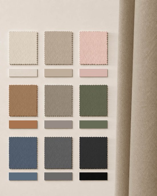 Staalwollen kleurstalen van gordijnen in crème, beige, roze, bruin, grijs, groen, blauw en zwart.